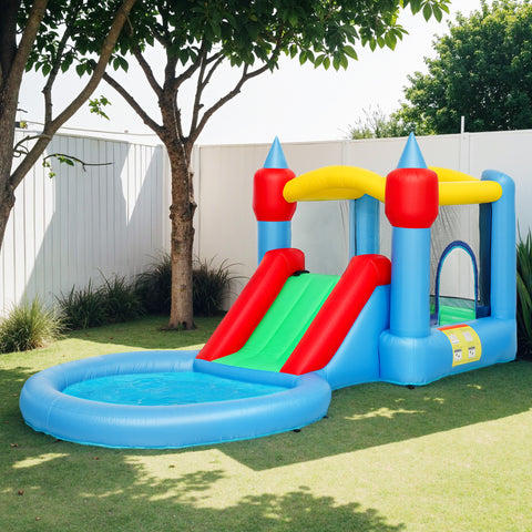 Castelo Insuflável com Insuflador 4 em 1 Castelo Insuflável para Crianças com Escorrega Piscina de Bolas Cesto e Saco de Transporte para Exterior e Interior 415x205x190 cm Multicor