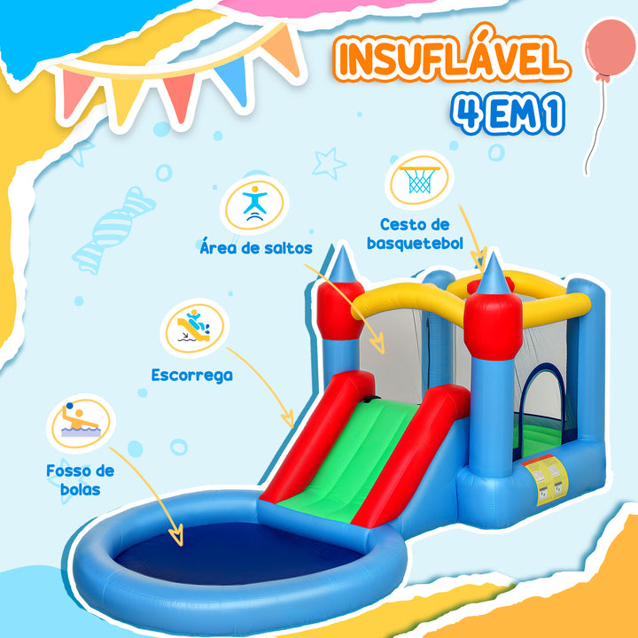 Castelo Insuflável com Insuflador 4 em 1 Castelo Insuflável para Crianças com Escorrega Piscina de Bolas Cesto e Saco de Transporte para Exterior e Interior 415x205x190 cm Multicor