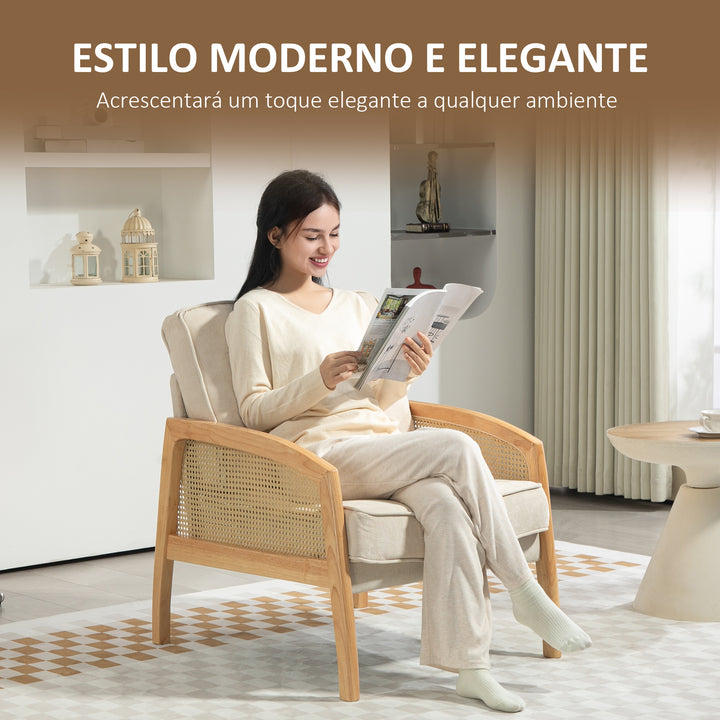 Poltrona Sala de Estar Moderna Poltrona Dormitório com Apoio para os Braços em Vime e Pés de Madeira Sofá Individual Carga 120 kg para Escritório Sala de Estar 67x75x88 cm Bege
