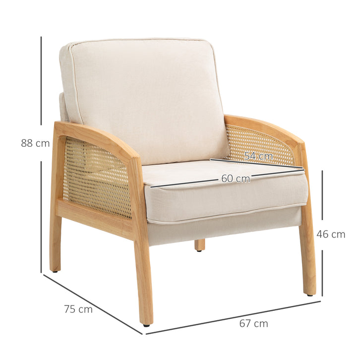 Poltrona Sala de Estar Moderna Poltrona Dormitório com Apoio para os Braços em Vime e Pés de Madeira Sofá Individual Carga 120 kg para Escritório Sala de Estar 67x75x88 cm Bege