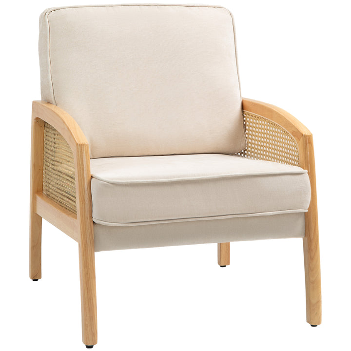 Poltrona Sala de Estar Moderna Poltrona Dormitório com Apoio para os Braços em Vime e Pés de Madeira Sofá Individual Carga 120 kg para Escritório Sala de Estar 67x75x88 cm Bege