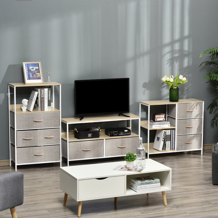 Cómoda de Estilo Industrial com Gavetas de Tecido Dobráveis e 2 Prateleiras para Dormitório Sala de Estar Corredor 80x29x71 cm Madeira e Cinza Claro