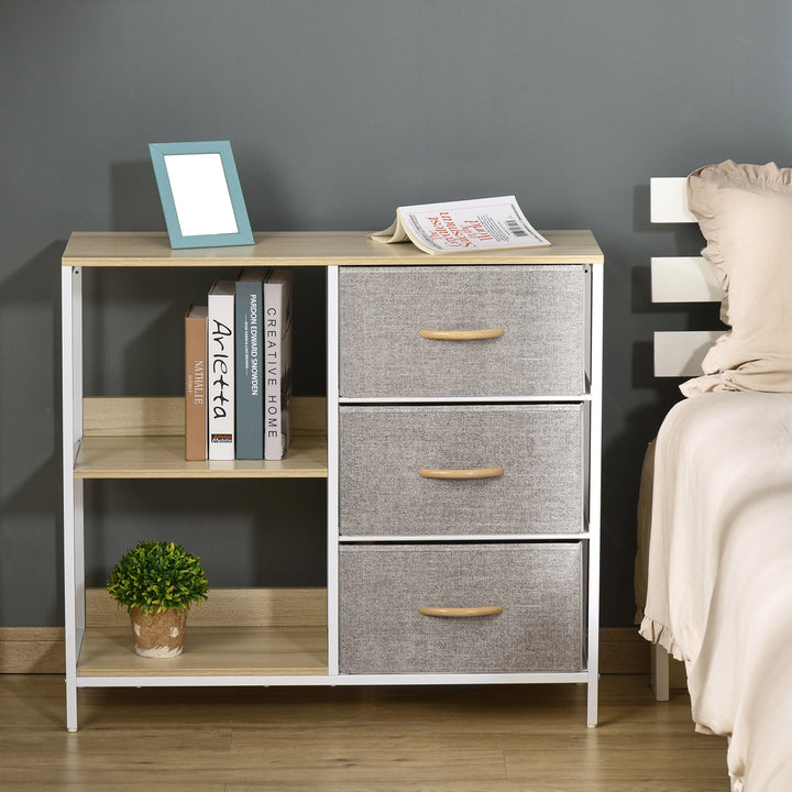 Cómoda de Estilo Industrial com Gavetas de Tecido Dobráveis e 2 Prateleiras para Dormitório Sala de Estar Corredor 80x29x71 cm Madeira e Cinza Claro