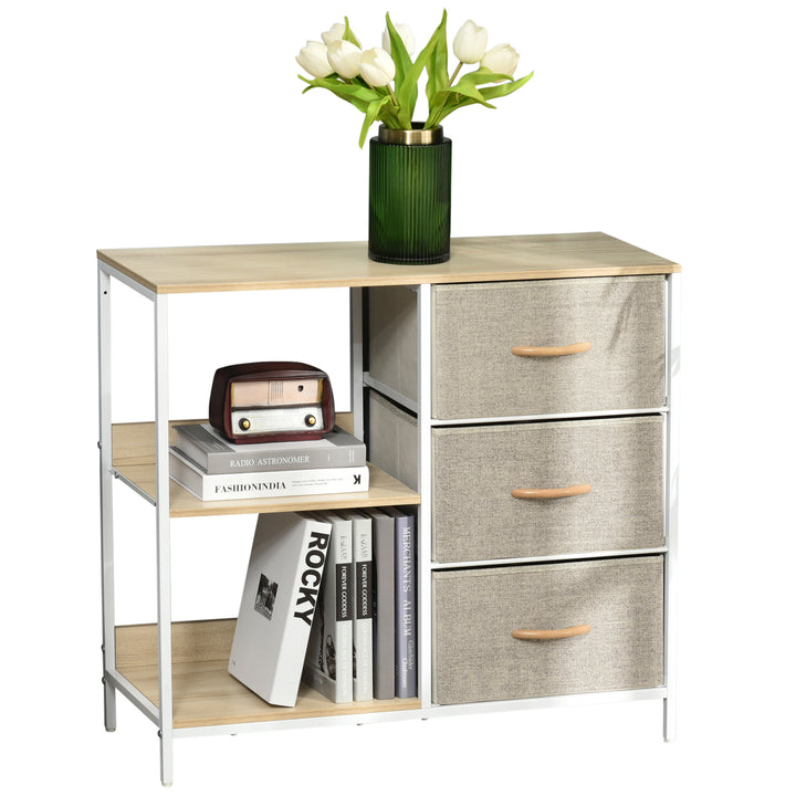 Cómoda de Estilo Industrial com Gavetas de Tecido Dobráveis e 2 Prateleiras para Dormitório Sala de Estar Corredor 80x29x71 cm Madeira e Cinza Claro
