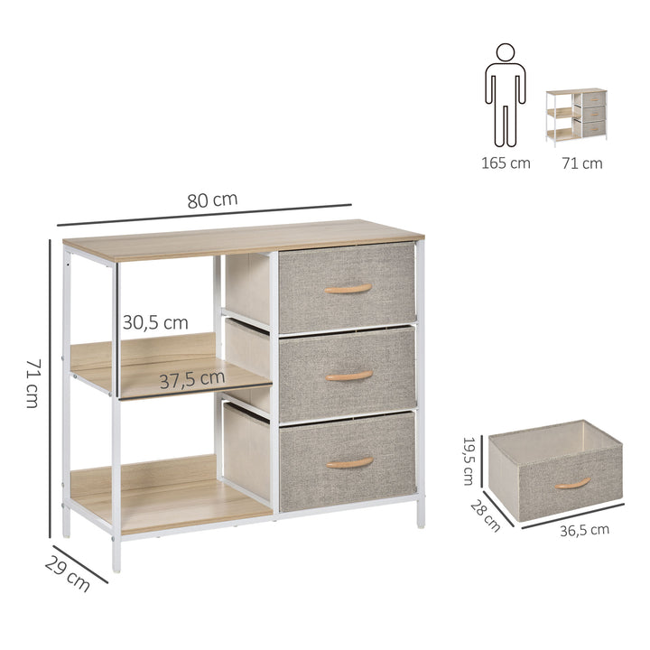 Cómoda de Estilo Industrial com Gavetas de Tecido Dobráveis e 2 Prateleiras para Dormitório Sala de Estar Corredor 80x29x71 cm Madeira e Cinza Claro