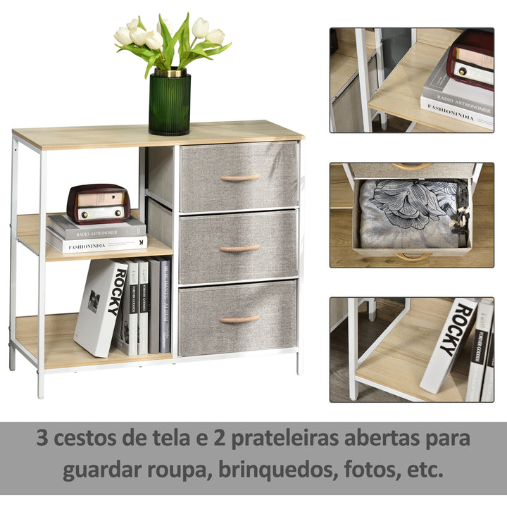 Cómoda de Estilo Industrial com Gavetas de Tecido Dobráveis e 2 Prateleiras para Dormitório Sala de Estar Corredor 80x29x71 cm Madeira e Cinza Claro