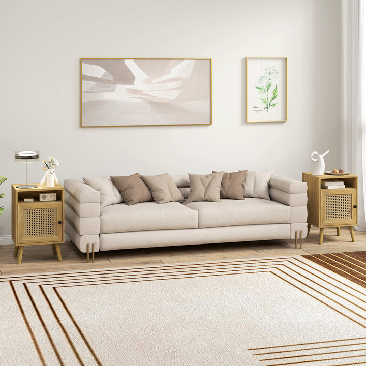 Conjunto de 2 Mesas de Cabeceira Mesas de Cabeceira com Portas de Vime e Prateleira Aberta Mesa Auxiliar para Dormitório Sala de Estar 39x35x60 cm Madeira