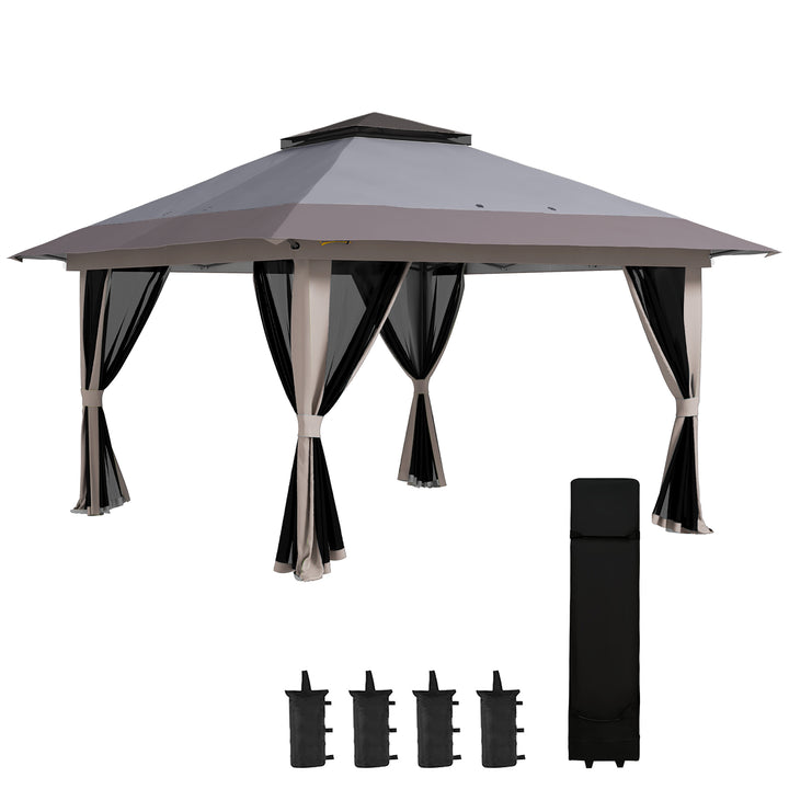 Tenda Dobrável Pop-up 4x4x2,8 m Tenda de Jardim com Altura Ajustável Anti-UV Impermeável Telhado Duplo Redes Mosquiteiras e Bolsa com Rodas para Exterior Festas Camping Cinzento Claro