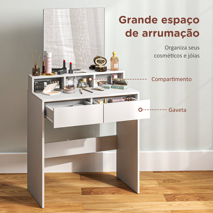 Toucador de Maquilhagem com Espelho Toucador com 2 Gavetas 3 Compartimentos Toucador para Dormitório 75x38x135 cm Branco