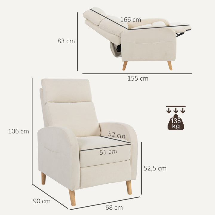 Poltrona Relax Reclinável Manual Poltrona Relax Estofada em Linho Sintético com Apoio para os Pés e Bolso Lateral Poltrona Reclinável para Dormitório Escritório Carga 120 kg 68x90x106 cm Creme