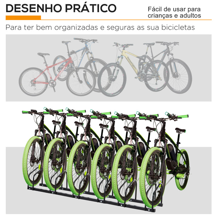 Estacionamento para 6 Bicicletas Suporte de Aço para Estacionar Bicicletas no Chão para Interior e Exterior 179x33x27 cm Preto