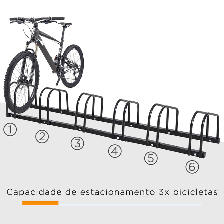 Estacionamento para 6 Bicicletas Suporte de Aço para Estacionar Bicicletas no Chão para Interior e Exterior 179x33x27 cm Preto