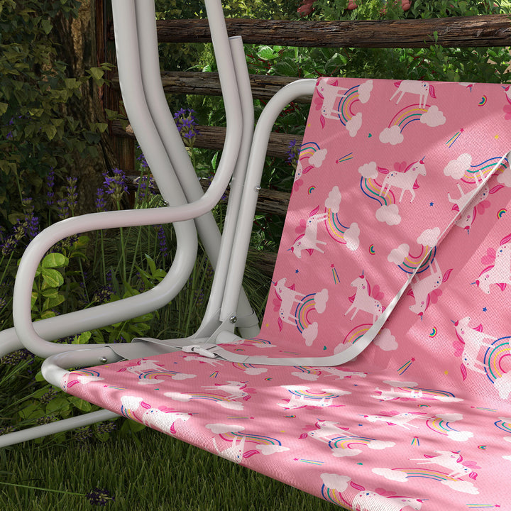 Baloiço de Jardim Exterior Infantil de 2 Lugares, Baloiço de Jardim com Toldo Ajustável, Cintos de Segurança, Design de Unicórnio e Arco-Íris, para Interior e Exterior, 112x75x120 cm, Rosa