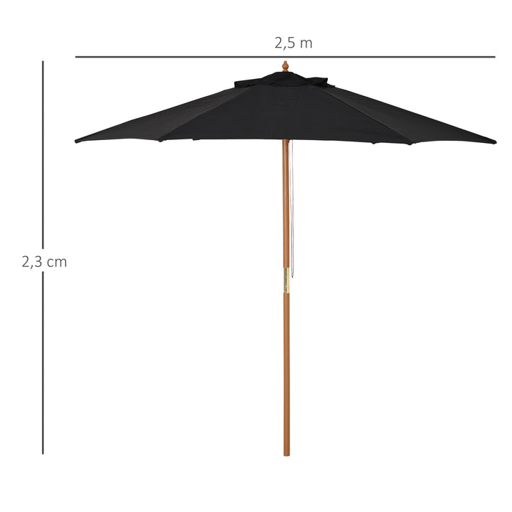 Chapéu de Sol de Madeira Ø250x230 cm para Exterior com 6 Hastes Sistema de Corda com Fixação Desmontável Portátil Fácil de Guardar e Transportar Preto