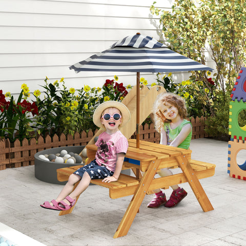 Mesa de Piquenique para Crianças de Madeira Mesa e 2 Bancos Infantis com Chapéu de Sol e Caixa de Areia para Jardim Pátio 89x80,5x42,5 cm Teca