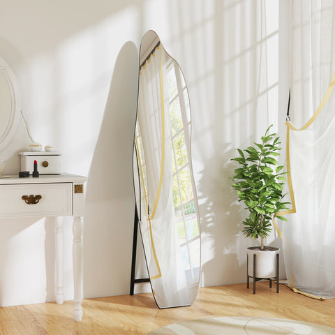Espelho de Pé 160x40 cm sem Moldura Espelho de Corpo Inteiro Forma Irregular com Suporte Metálico Montagem no Chão ou Apoiado na Parede para Sala Entrada e Quarto Preto
