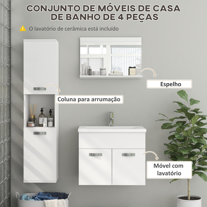 Conjunto de Móveis para Casa de Banho de Parede 3 Peças Inclui Espelho com Prateleira Móvel com Lavatório Cerâmico e Coluna de Casa de Banho Estilo Moderno Branco