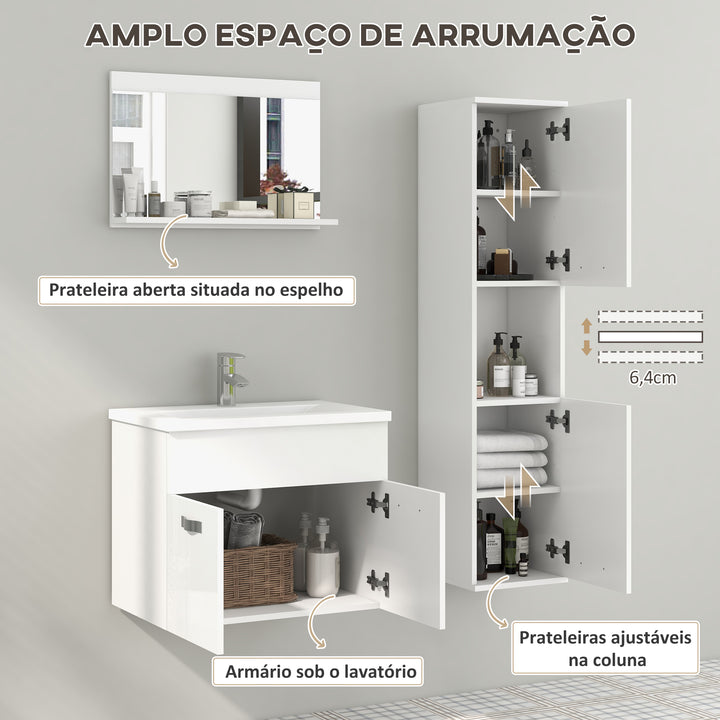 Conjunto de Móveis para Casa de Banho de Parede 3 Peças Inclui Espelho com Prateleira Móvel com Lavatório Cerâmico e Coluna de Casa de Banho Estilo Moderno Branco