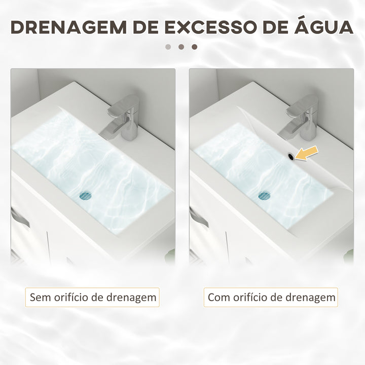 Conjunto de Móveis para Casa de Banho de Parede 3 Peças Inclui Espelho com Prateleira Móvel com Lavatório Cerâmico e Coluna de Casa de Banho Estilo Moderno Branco