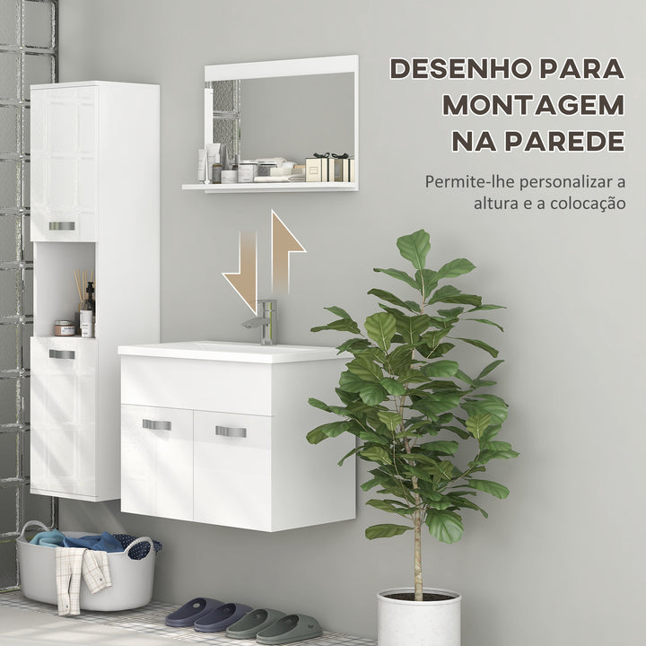 Conjunto de Móveis para Casa de Banho de Parede 3 Peças Inclui Espelho com Prateleira Móvel com Lavatório Cerâmico e Coluna de Casa de Banho Estilo Moderno Branco