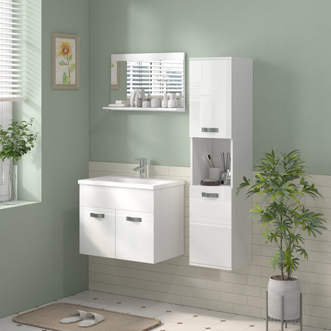 Conjunto de Móveis para Casa de Banho de Parede 3 Peças Inclui Espelho com Prateleira Móvel com Lavatório Cerâmico e Coluna de Casa de Banho Estilo Moderno Branco