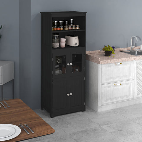Armário de Cozinha com 2 Portas de Vidro Temperado 2 Prateleiras Abertas e Armário com Prateleira Ajustável para Sala de Estar 60x30x162 cm Preto