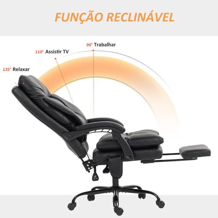 Cadeira de Escritório com Suporte Lombar Inflável Estofada em PU Cadeira de Secretária Giratória com Apoio para Pés Encosto Reclinável Encosto Alto Altura Ajustável 65x76x113-121 cm Preto