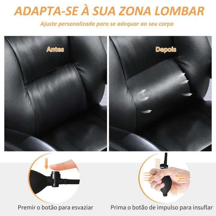 Cadeira de Escritório com Suporte Lombar Inflável Estofada em PU Cadeira de Secretária Giratória com Apoio para Pés Encosto Reclinável Encosto Alto Altura Ajustável 65x76x113-121 cm Preto