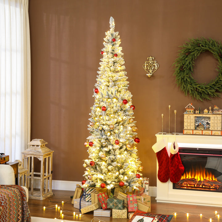 Árvore de Natal Estreita 210 cm Árvore de Natal Nevada com Luzes LED Bicolores 11 Modos de Iluminação 687 Ramos Suporte Metálico Montagem Fácil Verde