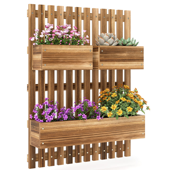 Floreira de Parede com Treliça Floreira Vertical de Madeira com 4 Vasos Móveis e Orifício de Drenagem para Jardim Varanda Pátio 60x16x80 cm Madeira Carbonizada