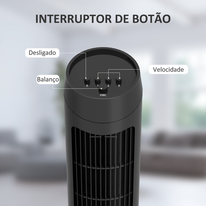 Ventoinha de Coluna 45W Ventoinha de Coluna Silenciosa com 3 Velocidades e Oscilação 70° para Sala Quarto Escritório Ø27x75 cm Preto