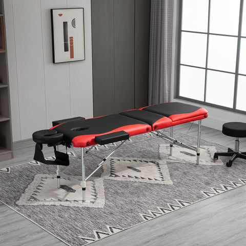 Cama de massagem dobrável e portátil 215x60x61-84cm ajustável em altura com apoio de cabeça e braço para fisioterapia Preto e vermelho