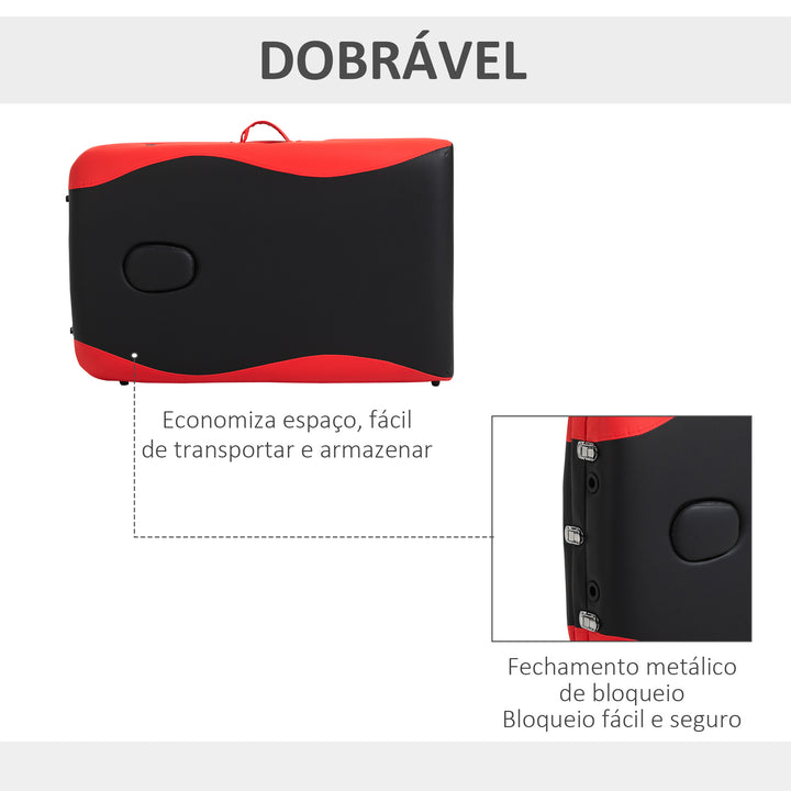 Cama de massagem dobrável e portátil 215x60x61-84cm ajustável em altura com apoio de cabeça e braço para fisioterapia Preto e vermelho