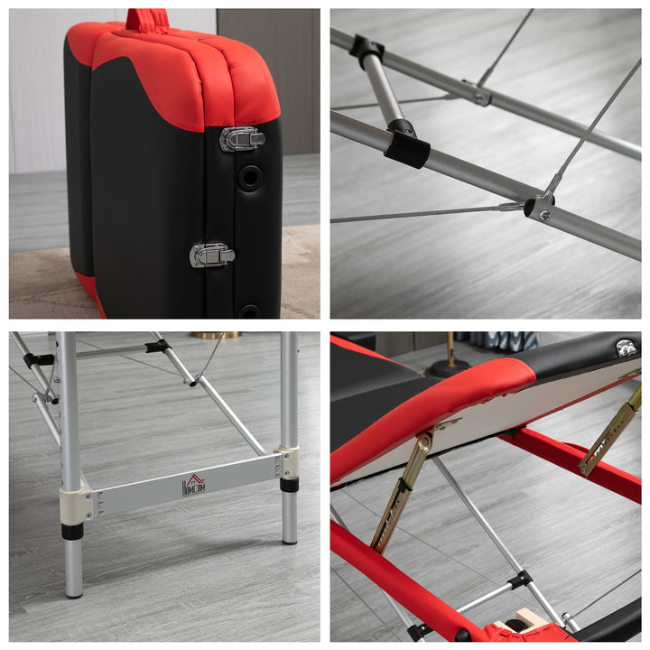 Cama de massagem dobrável e portátil 215x60x61-84cm ajustável em altura com apoio de cabeça e braço para fisioterapia Preto e vermelho