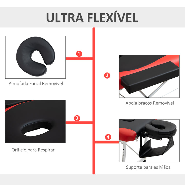 Cama de massagem dobrável e portátil 215x60x61-84cm ajustável em altura com apoio de cabeça e braço para fisioterapia Preto e vermelho