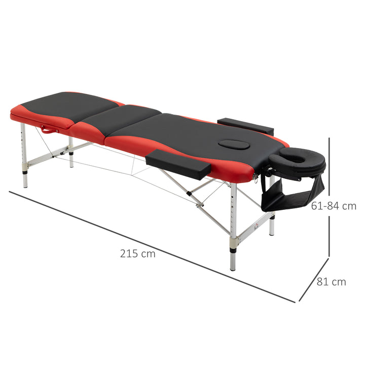 Cama de massagem dobrável e portátil 215x60x61-84cm ajustável em altura com apoio de cabeça e braço para fisioterapia Preto e vermelho