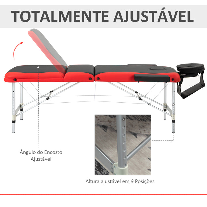Cama de massagem dobrável e portátil 215x60x61-84cm ajustável em altura com apoio de cabeça e braço para fisioterapia Preto e vermelho