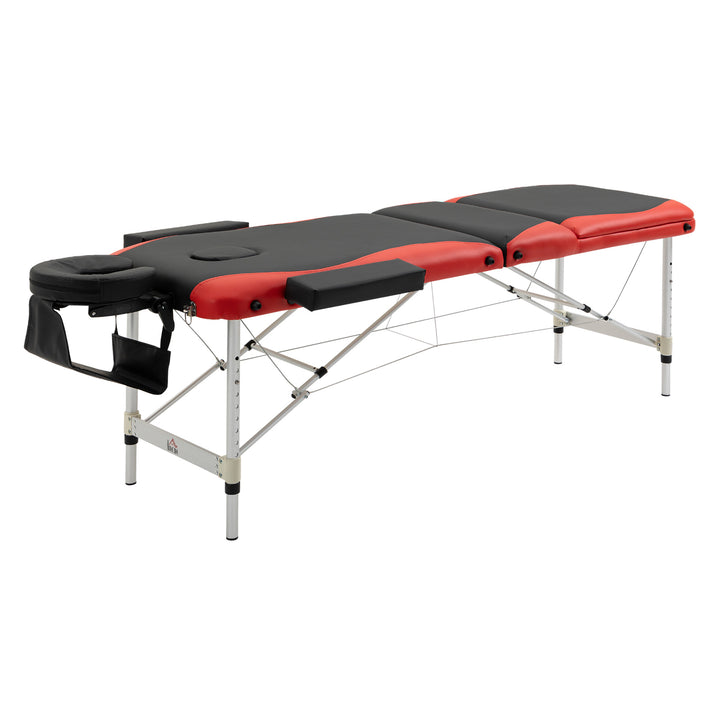 Cama de massagem dobrável e portátil 215x60x61-84cm ajustável em altura com apoio de cabeça e braço para fisioterapia Preto e vermelho