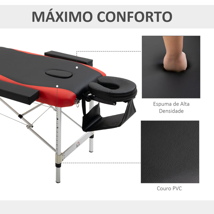 Cama de massagem dobrável e portátil 215x60x61-84cm ajustável em altura com apoio de cabeça e braço para fisioterapia Preto e vermelho