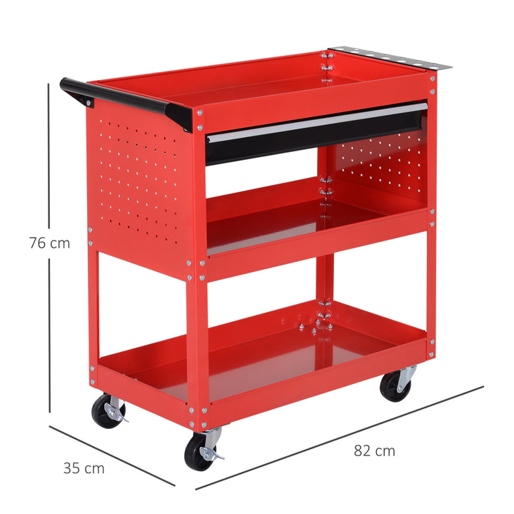 Carrinho de Ferramentas Carrinho de Oficina com 3 Bandejas e Gaveta Rodas com Travões Pega Lateral Painel Lateral Perfurado para Garagem Mecânica Casa 82x35x76 cm Vermelho