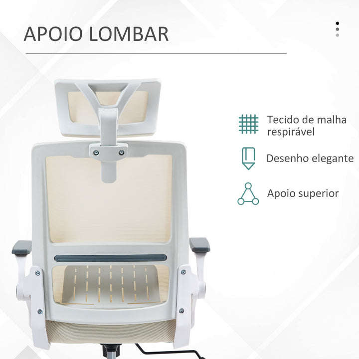 Cadeira de Escritório de Malha Cadeira de Escritório Giratória com Altura e Apoio para a Cabeça Ajustáveis e Apoio para os Braços Estilo Moderno Carga 120 kg para Estúdio 58x61x102-119 cm Bege