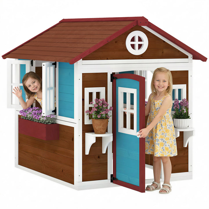 Casa de Jardim Infantil Casa de Madeira para Crianças com Porta Janelas Floreiras e Prateleiras 114x126,4x135 cm Castanho Escuro