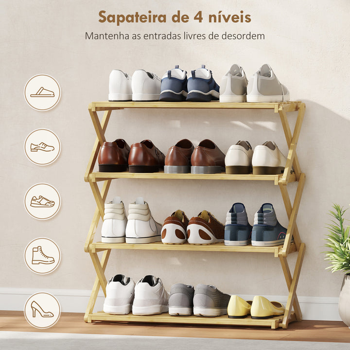 Sapateira Estreita de Bambu Sapateira Vertical Dobrável de 4 Níveis Sem Instalação Prateleira para Sapatos para Entrada Corredor Quarto 60x29x67 cm Madeira