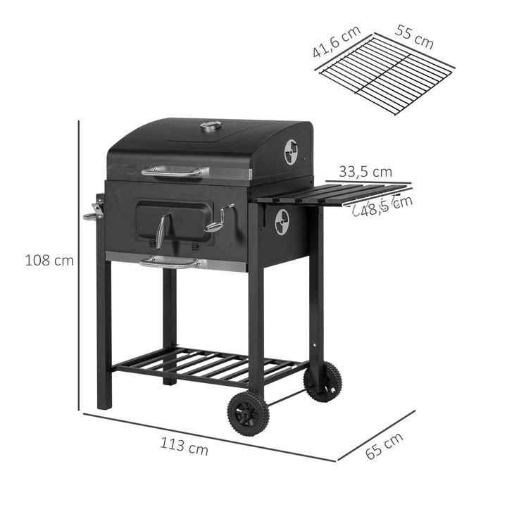 Barbecue a Carvão com Rodas Barbecue com Tampa Grelhas de Aço Inoxidável Termômetro Fogão Ajustável Bandeja Lateral e Prateleira 113x65x108 cm Preto