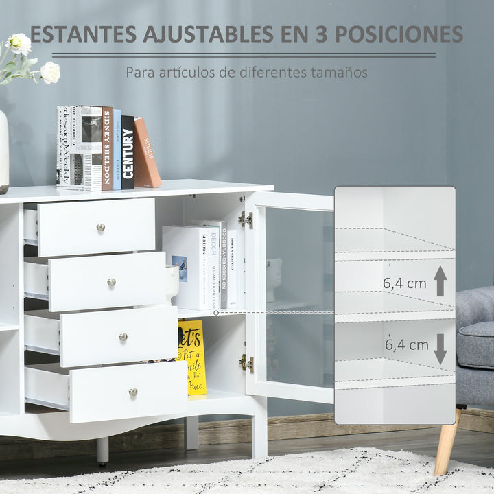 Aparador de Cozinha Armário Buffet com 2 Armários Porta de Vidro Prateleira Interior Ajustável e 4 Gavetas para Sala de Jantar Sala de Estar 136x45x85cm Branco