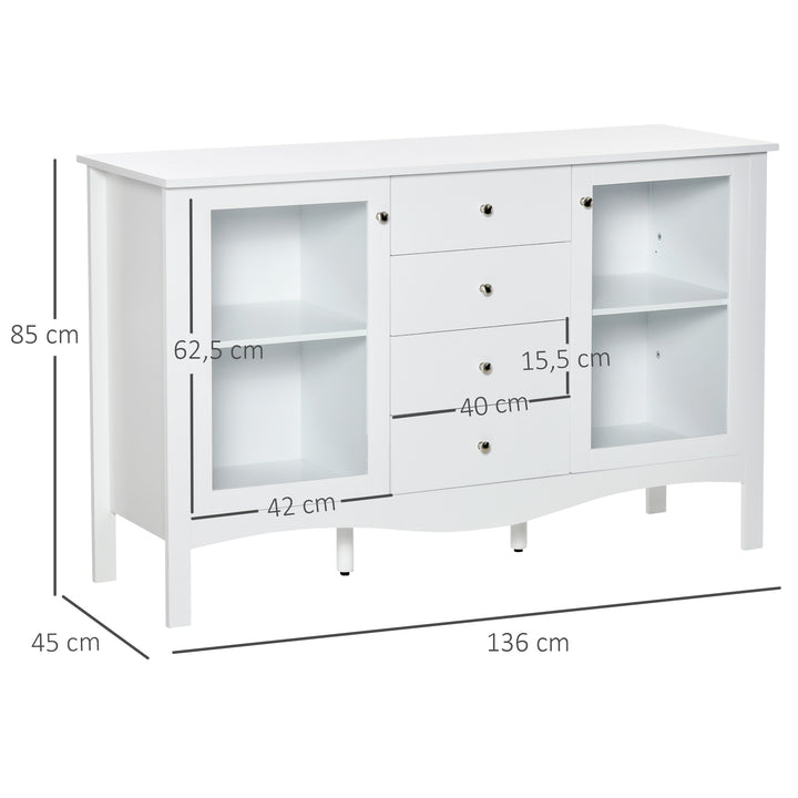 Aparador de Cozinha Armário Buffet com 2 Armários Porta de Vidro Prateleira Interior Ajustável e 4 Gavetas para Sala de Jantar Sala de Estar 136x45x85cm Branco