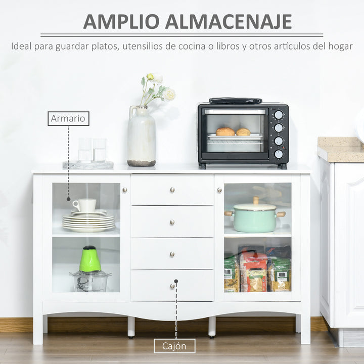 Aparador de Cozinha Armário Buffet com 2 Armários Porta de Vidro Prateleira Interior Ajustável e 4 Gavetas para Sala de Jantar Sala de Estar 136x45x85cm Branco