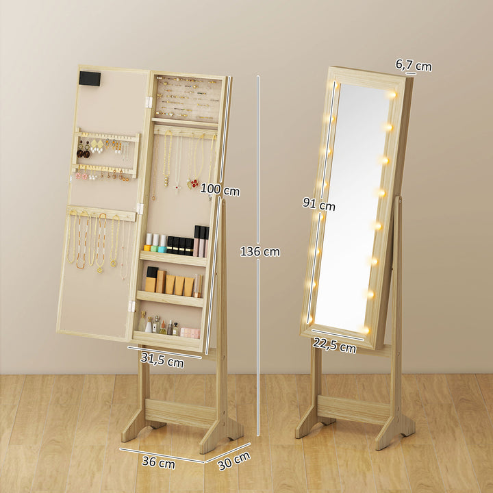 Espelho Joalheiro com Luzes LED Armário para Joias Joalheiro de Pé com Espelho Completo Ângulo Ajustável com Prateleiras Ranuras para Anéis 36x30x136 cm Madeira Natural