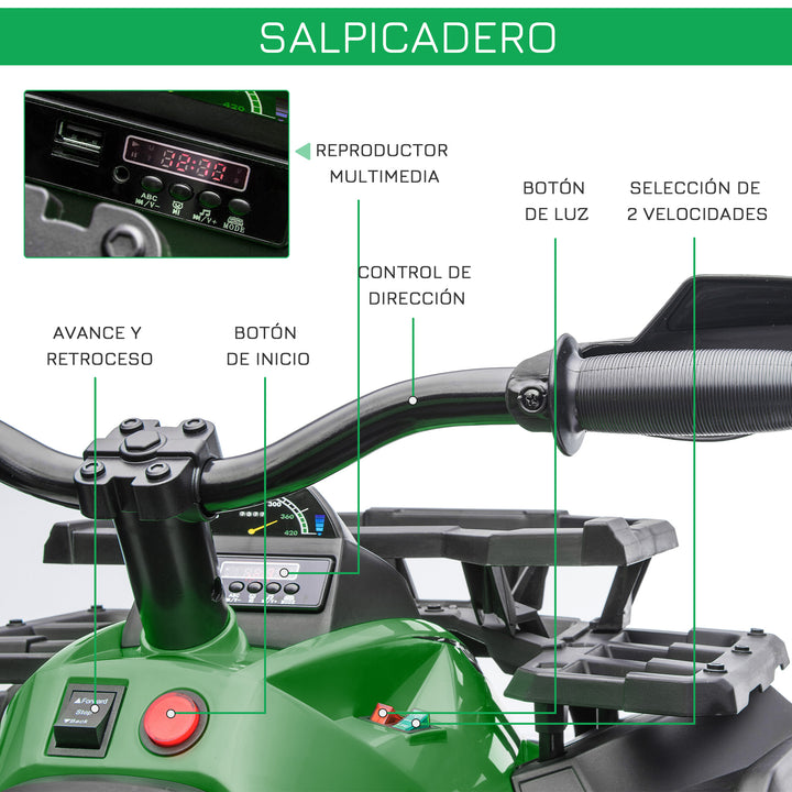 Quadriciclo Elétrico 12V para Crianças acima de 3 Anos com Farol Música Pneus de Suspensão Botões Avance e Retrocesso Veículo Elétrico a Bateria 100x65x73cm Verde