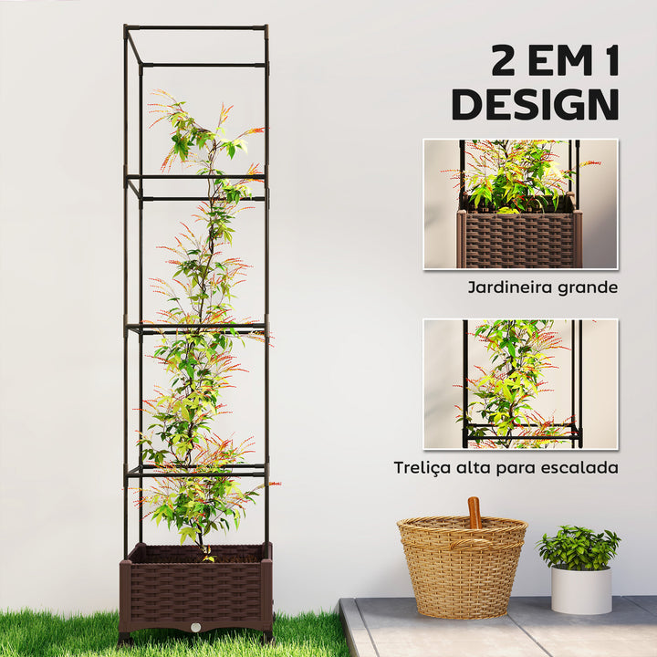 Floreira com Treliça Ajustável Floreira Exterior com Rodas Bloqueáveis para Plantas Trepadeiras com Orifícios de Drenagem Floreira Elevada para Jardim Pátio Terraço 40x40x165 cm Castanho